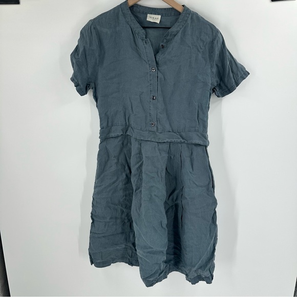 Wrap London Linen Shirt Dress Button Knee Coastal Pockets Casual Blue Womens 10 - Picture 4 of 14